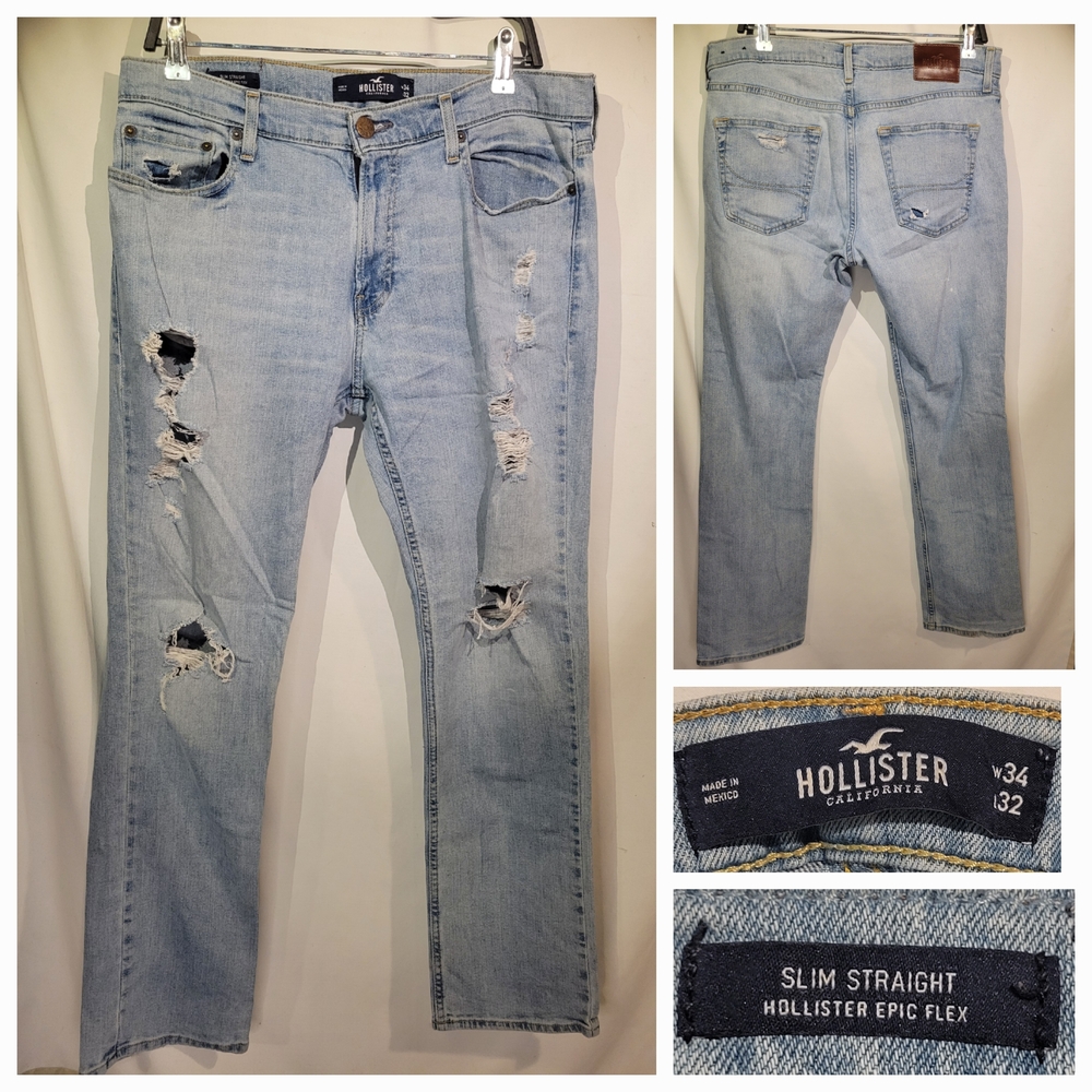 👖 Hollister JeansSlim Straight Epic Flex Mens 34 X 32 Distressed Worn Denim